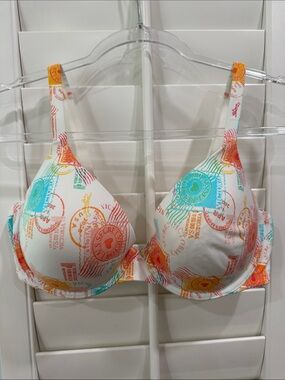 Victoria's Secret White Bra with Multicolor Postmark Print